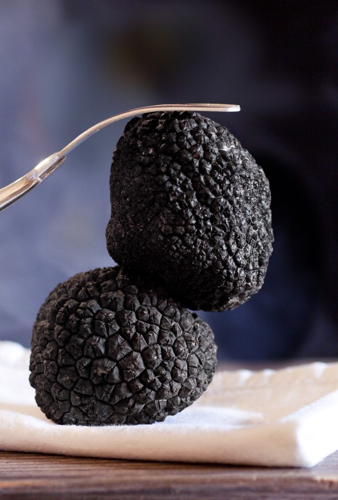 Deux truffes d'été élégamment retenues par une fourchette en une mise en scène moderne et épurée.