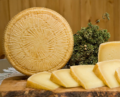 Meule entière de fromage pecorino italien et tranches fraîchement coupées.